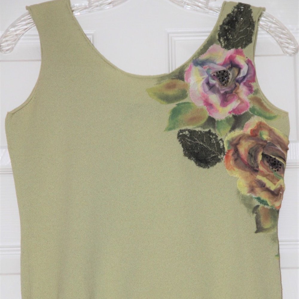 ETRO Apple Green Flower Embellished Application Sleeveless Cotton Top Italy 42